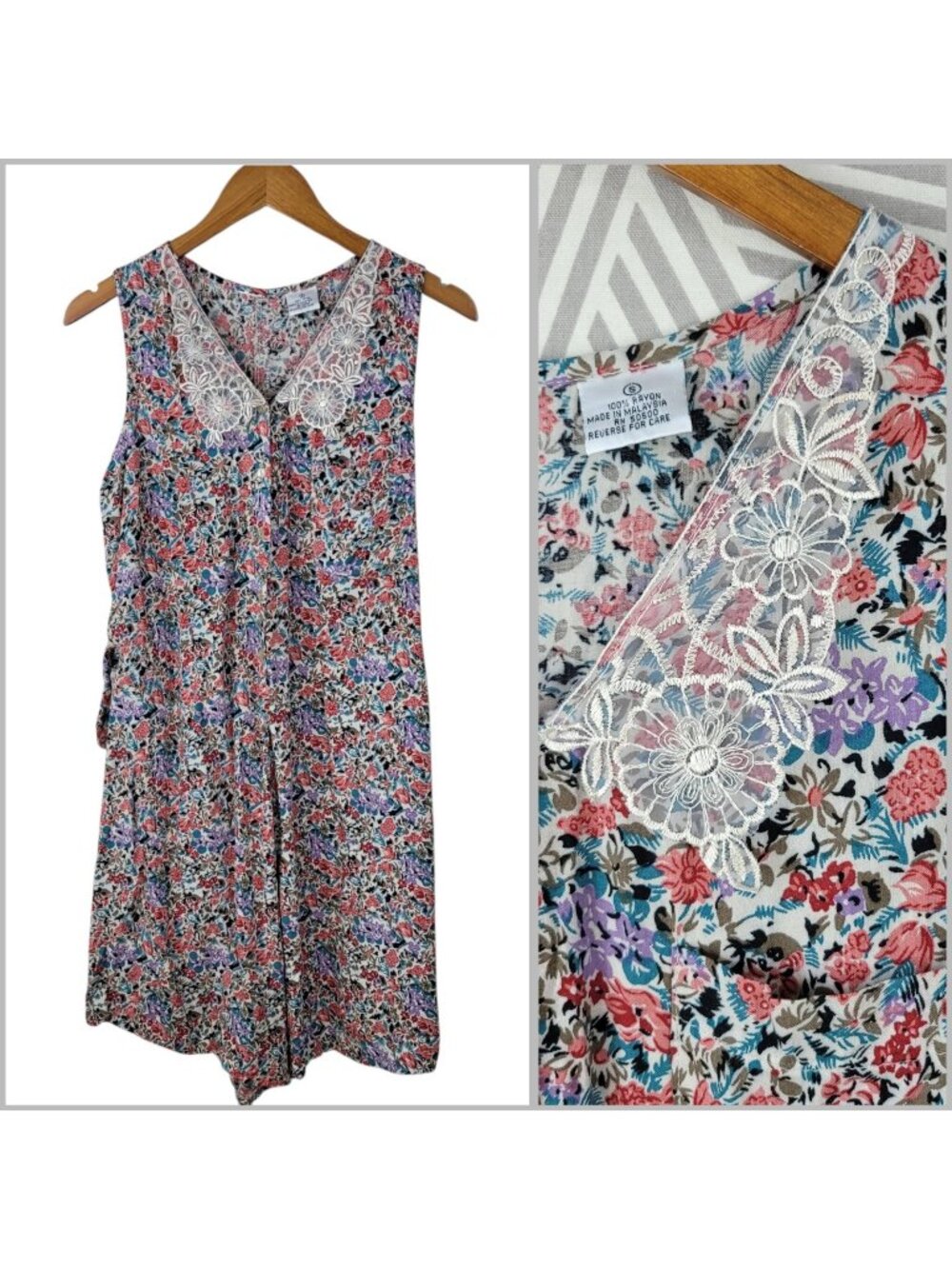 Vintage 90s Lace Collar Romper Small Jumpsuit Shorts dress Button Front Floral